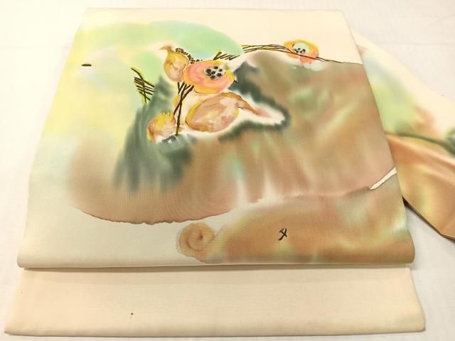 平和屋着物●塩瀬　九寸名古屋帯　ろうけつ染　草花文　正絹　逸品　CABH4496vp