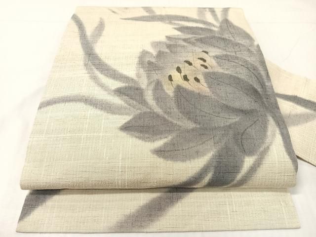 平和屋着物●九寸名古屋帯　手描き　紬地　草花文　正絹　逸品　CABH4501vp