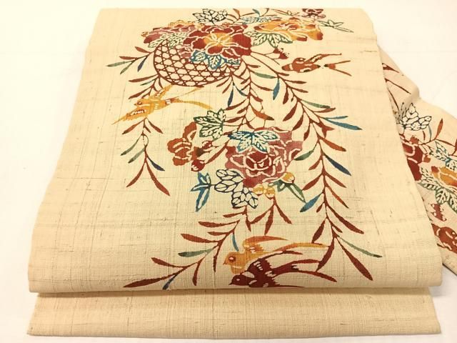 平和屋着物●九寸名古屋帯　生紬　型染め　花籠鳥文　正絹　逸品　CABH4515vp