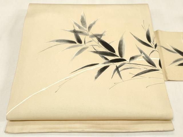 平和屋着物●塩瀬　九寸名古屋帯　手描き　笹竹文　正絹　逸品　CABG9516dy
