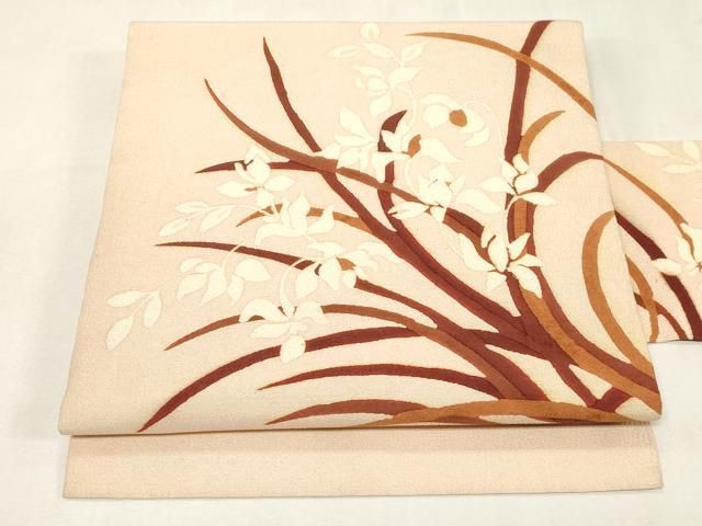 平和屋着物●九寸名古屋帯　ろうけつ染め　草花文　鬼しぼ縮緬　正絹　逸品　CABG9517dy
