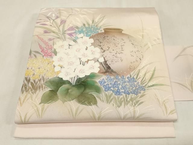 平和屋着物●塩瀬　九寸名古屋帯　作家物　手描き　草花文　金銀彩　正絹　逸品　CABG9518dy