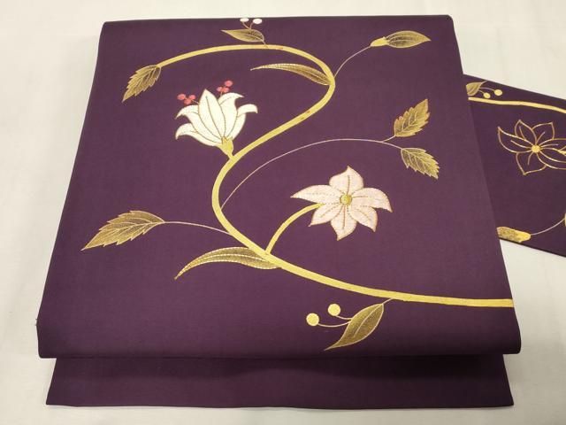 平和屋着物●塩瀬　九寸名古屋帯　駒刺繍　草花文　金彩　正絹　逸品　CABG9519dy