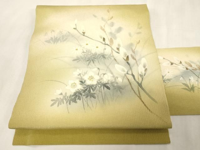 平和屋着物●九寸名古屋帯　手描き　草花文　鬼しぼ縮緬　正絹　逸品　CABG9524dy