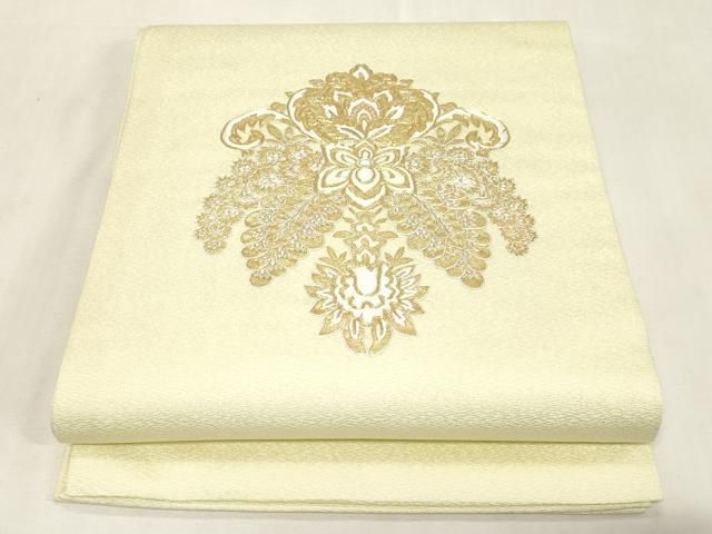 平和屋着物●九寸開き名古屋帯　駒刺繍　幾何学花文　金銀糸　正絹　逸品　未使用　CABG9527dy