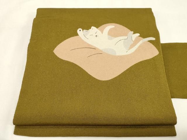 平和屋着物●九寸名古屋帯　猫　鬼しぼ縮緬　正絹　逸品　CABG9531dy