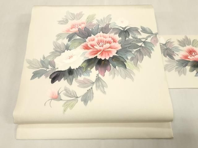 平和屋着物●内山晴祥　手描き　塩瀬　九寸名古屋帯　草花文　金彩　正絹　逸品　未使用　CABG9532dy