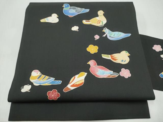 平和屋着物●塩瀬 九寸名古屋帯 鴛鴦梅文 黒地 金彩 正絹 逸品 CABI9138hy