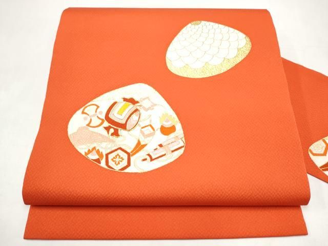 平和屋着物●九寸名古屋帯　刺繍　貝合せ宝尽くし文　金彩　正絹　逸品　CABI9149hy