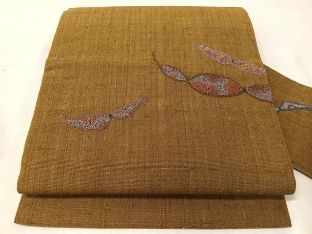 平和屋着物●中国三大刺繍　総相良刺繍　九寸名古屋帯　紬地　成り物　桑染色　正絹　逸品　CABJ0584vp