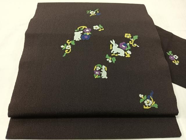 平和屋着物●九寸名古屋帯　花兎　鬼しぼ縮緬　正絹　逸品　CABJ0585vp