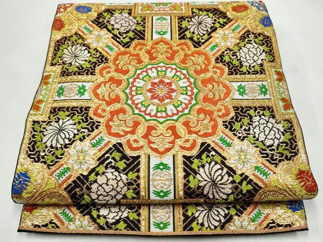 平和屋着物●六通柄　本袋帯　唐華文蜀江錦　黒地　金糸　正絹　逸品　CABJ4852hy