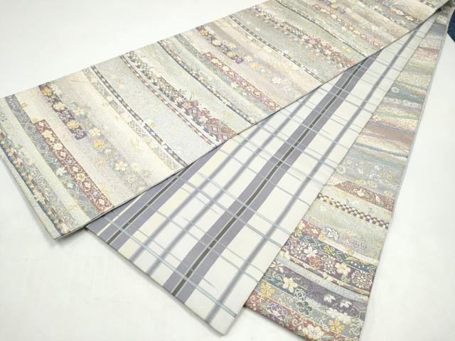 平和屋着物●両面　両方向　全通柄袋帯　螺鈿箔　モール織　横段花文　金糸　さが美扱い　正絹　逸品　CABJ4863hy