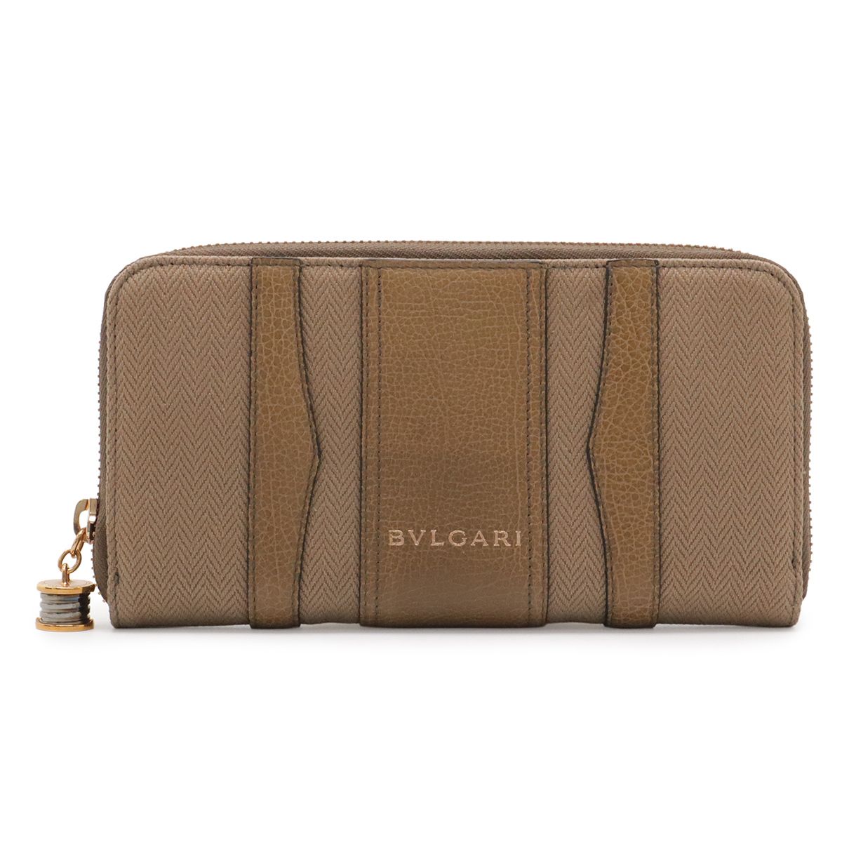 BVLGARI ブルガリ B-zero1 B.zero1 ビーゼロワン ラウンドファスナー 長財布 レザー キャンバス ダークベージュ ゴールド金具 33775