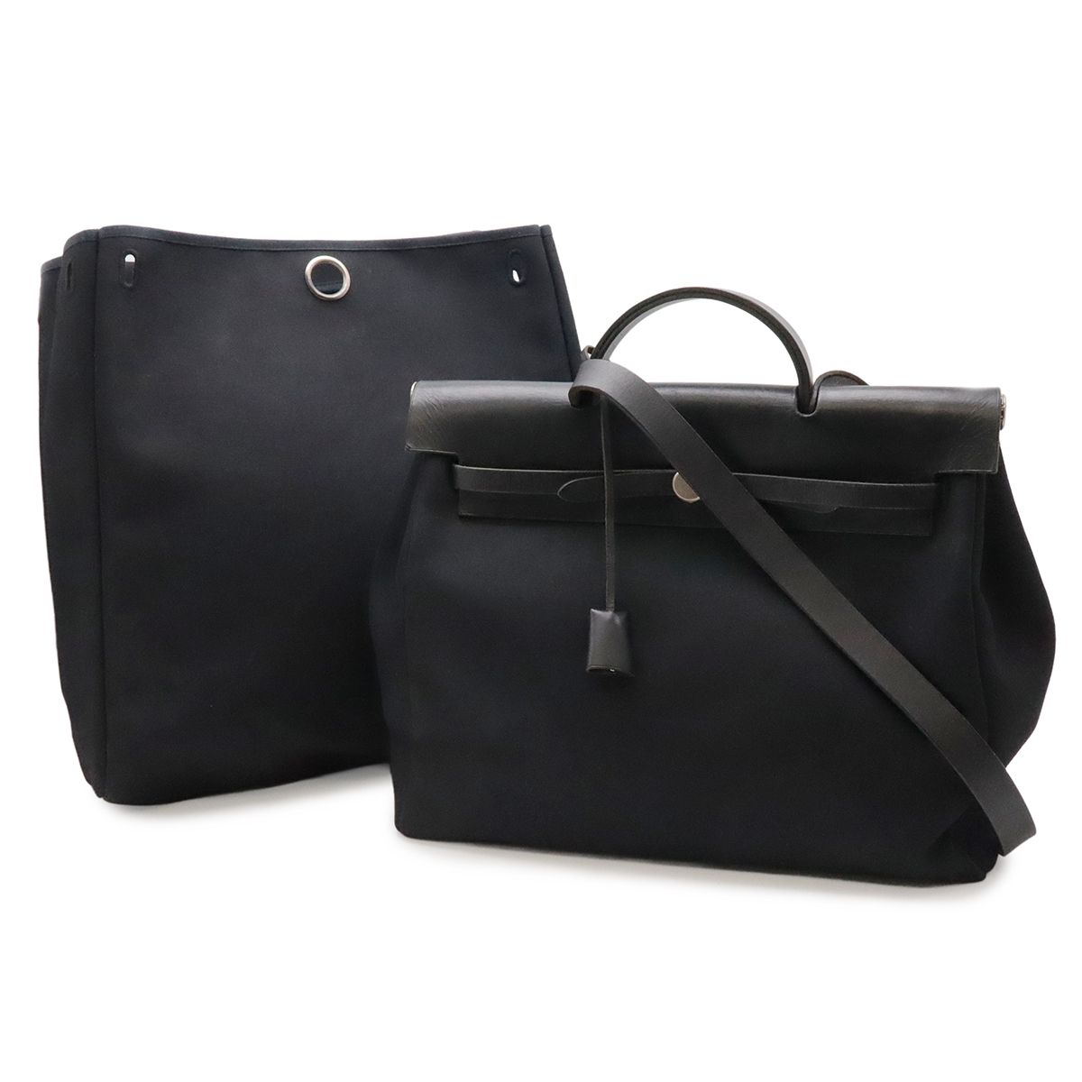 HERMES エルメス エールバッグMM ハンドバッグ 2WAY ショルダーバッグ トワルオフィシエ キャンバス レザー ブラック 黒 ストッパー欠品 □C刻印