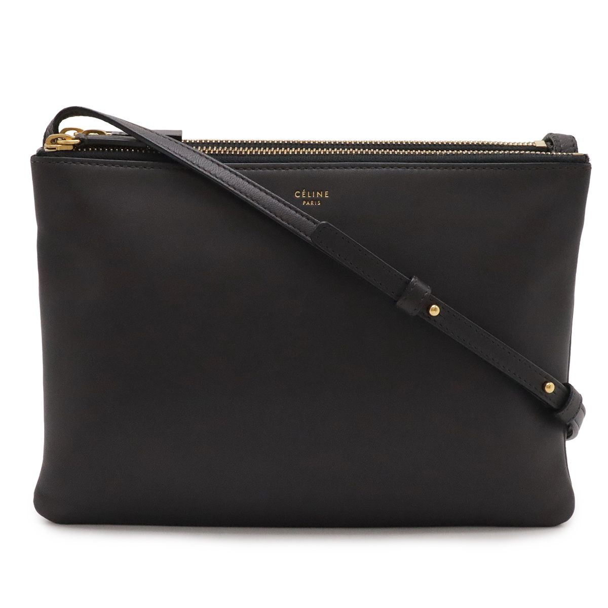 CELINE セリーヌ トリオ ラージ ショルダーバッグ ポシェット 斜め掛け ポーチ レザー グレー ゴールド金具 171453