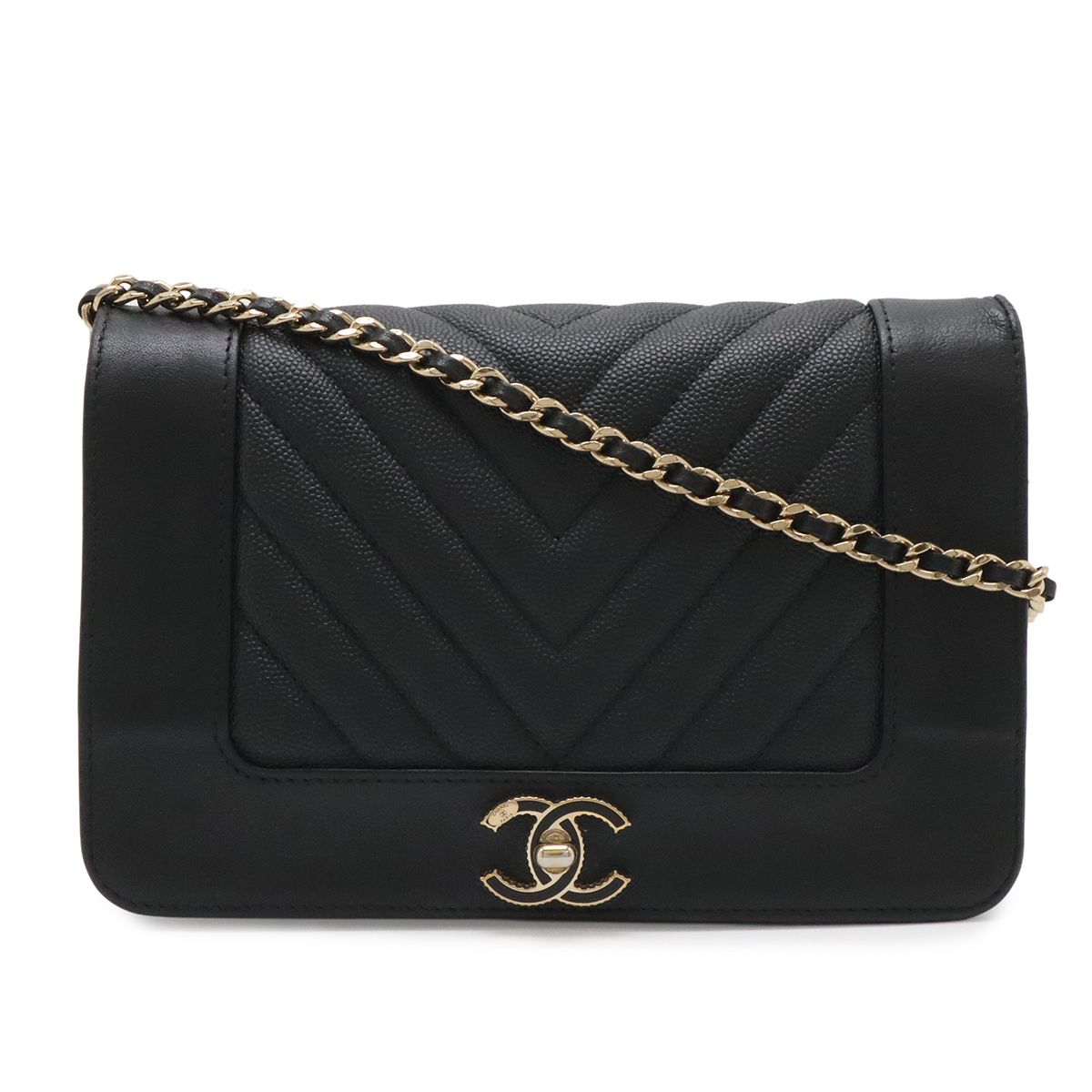 CHANEL シャネル マドモアゼル ヴィンテージ Vステッチ シェブロン チェーンウォレット ショルダーバッグ キャビアスキン レザー ブラック A80972