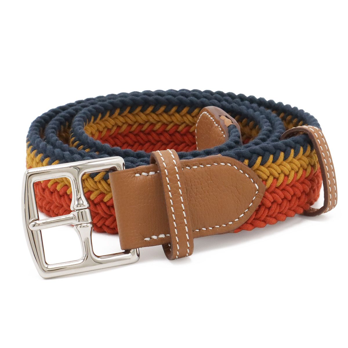 HERMES エルメス ロカバール エトリヴィエール ベルト 編み込み ワックスコットン レザー オレンジ イエロー ネイビー ブラウン #100 B刻印