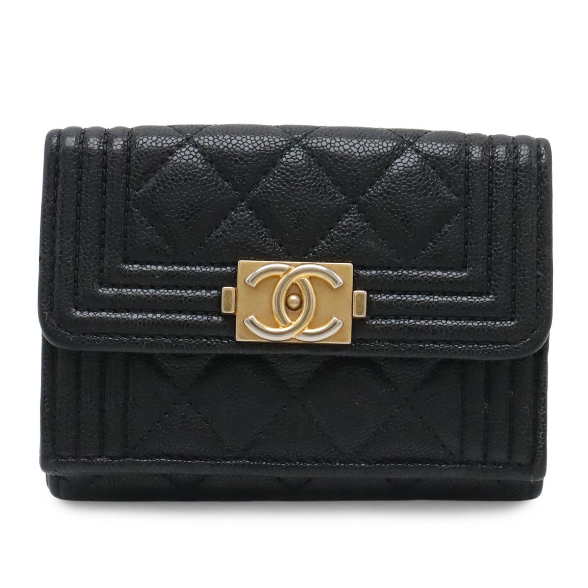 CHANEL シャネル ボーイシャネル マトラッセ ココマーク スモールフラップウォレット 3つ折財布 キャビアスキン ブラック 黒 ゴールド金具 A84432