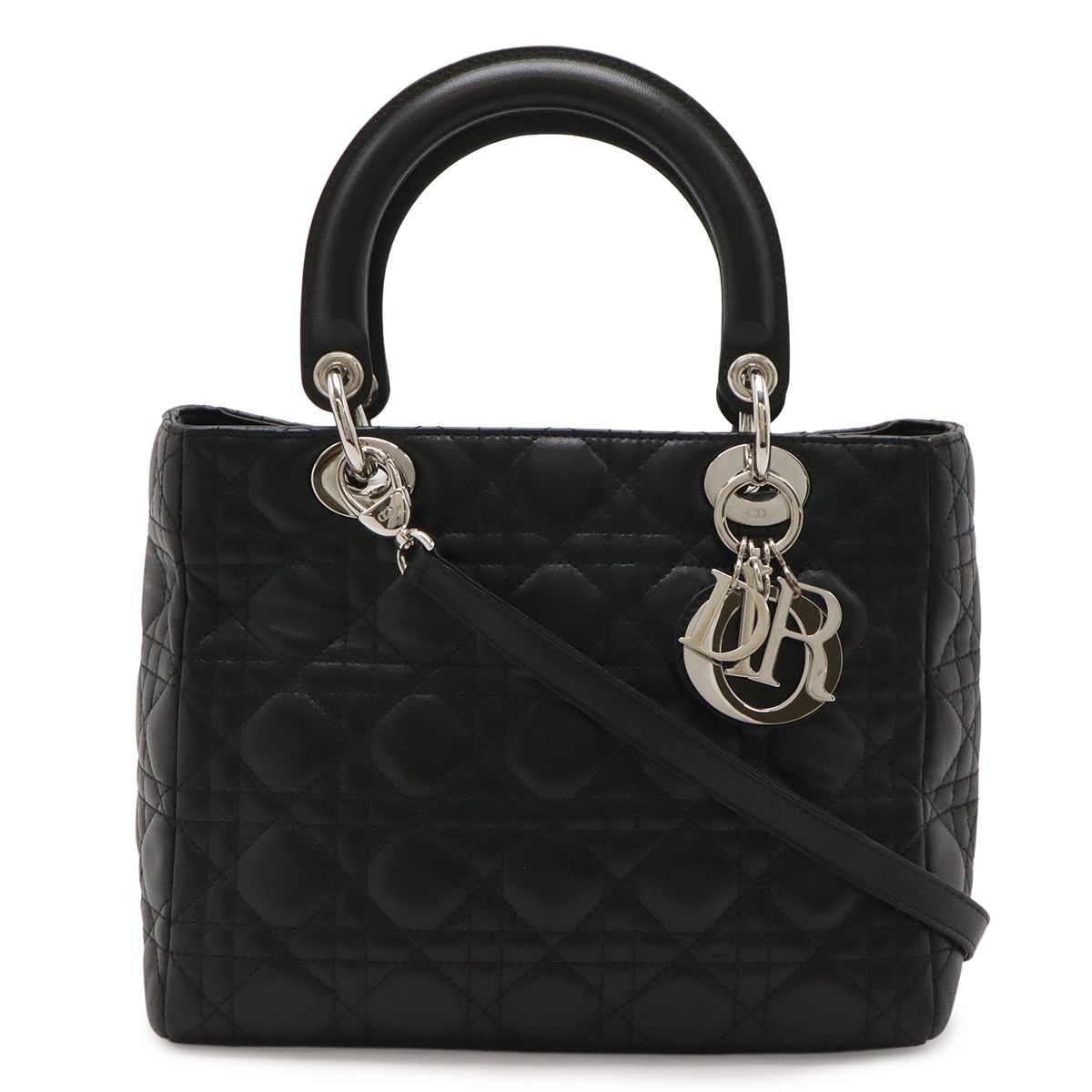 Christian Dior クリスチャン ディオール レディディオール カナージュ ハンドバッグ 2WAY ショルダーバッグ レザー ブラック 黒 シルバー金具