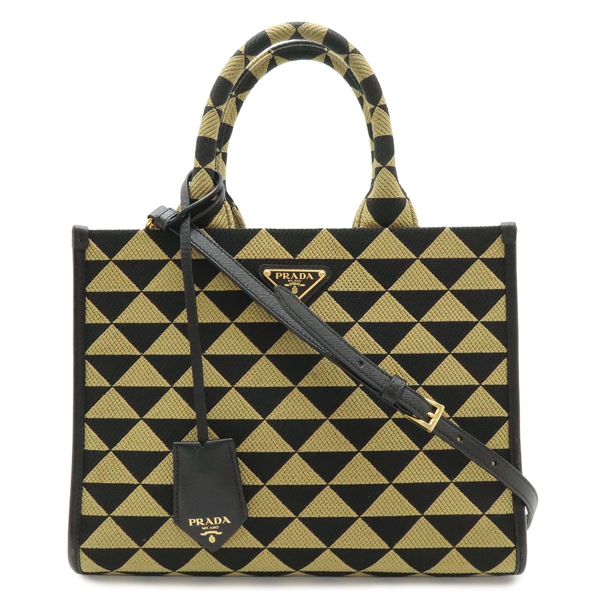 PRADA プラダ シンボル エンブロイダリーファブリック スモール ハンドバッグ トートバッグ ジャカード ブラック 黒 ベージュ ゴールド金具 1BA354