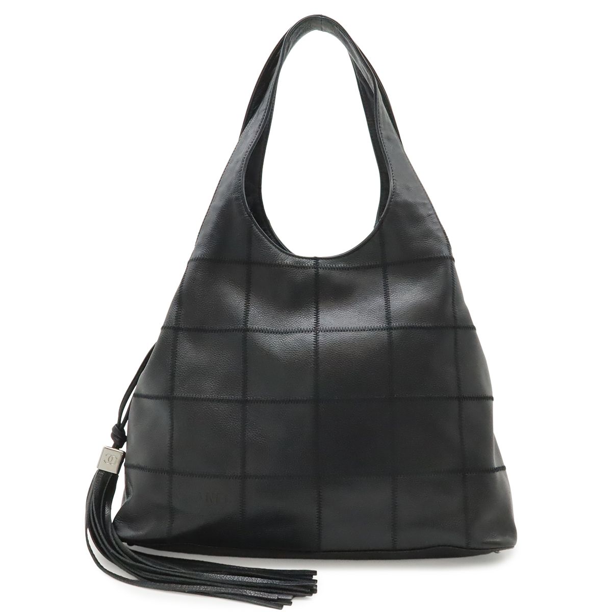 CHANEL シャネル チョコバー フリンジ 巾着 ロゴ トートバッグ ショルダーバッグ キャビアスキン レザー ブラック 黒 シルバー金具 A19983