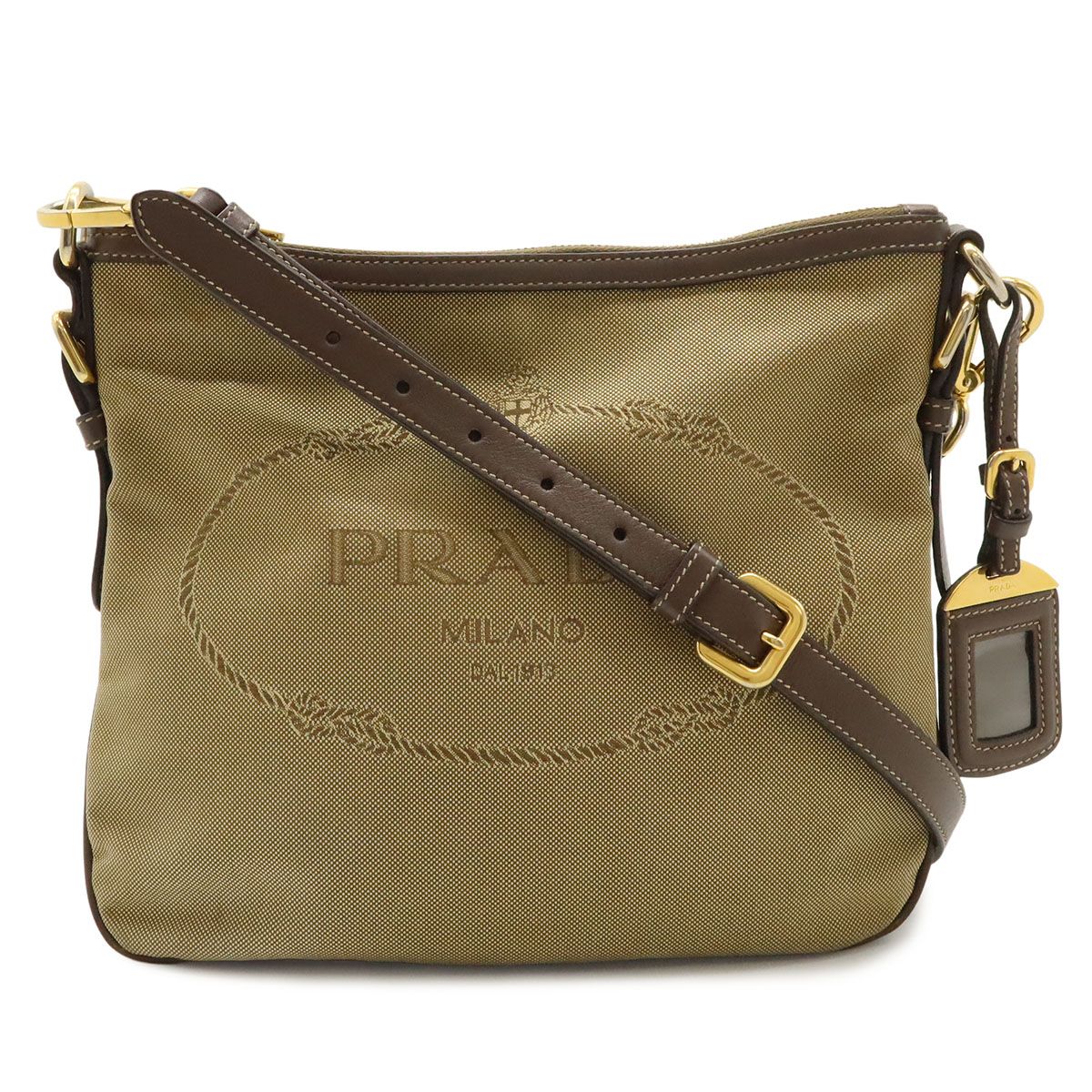 PRADA プラダ ロゴジャガード ショルダーバッグ 斜め掛け 2WAY クラッチバッグ キャンバス レザー カーキベージュ ダークブラウン ゴールド金具