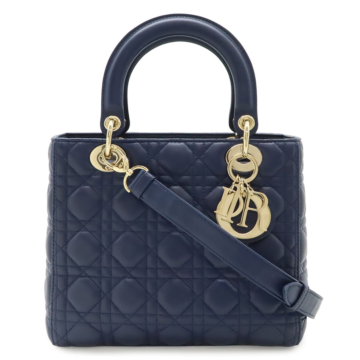 Christian Dior クリスチャン ディオール レディディオール カナージュ ハンドバッグ 2WAY ショルダーバッグ レザー ネイビー 紺 ゴールド金具