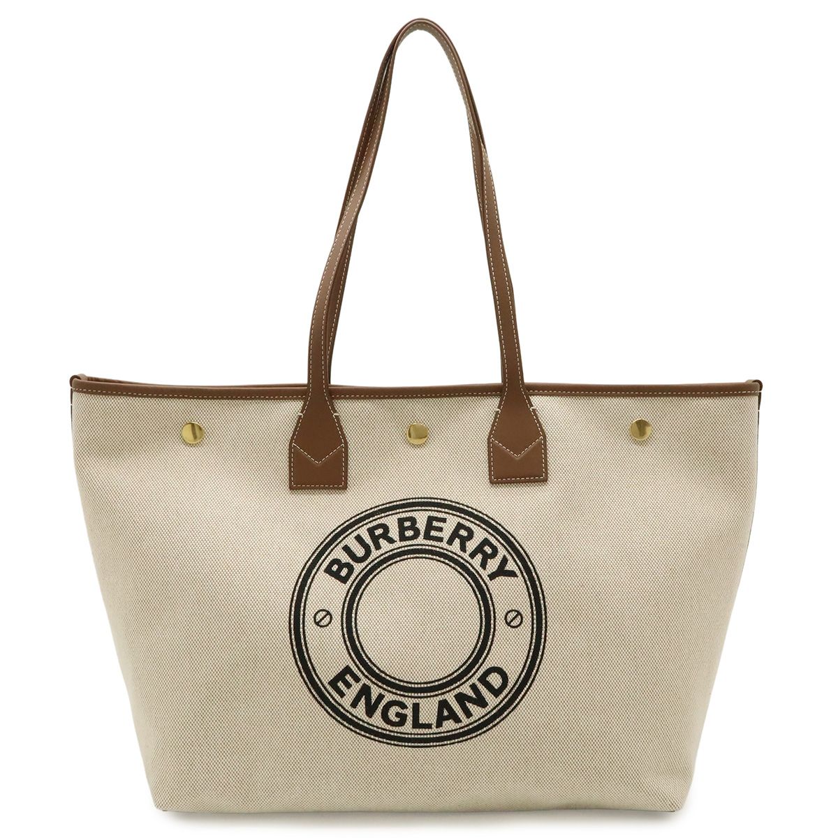 BURBERRY バーバリー ラウンドロゴ トートバッグ ラージトート ショルダーバッグ キャンバス レザー ナチュラル ブラウン ゴールド金具 8121456