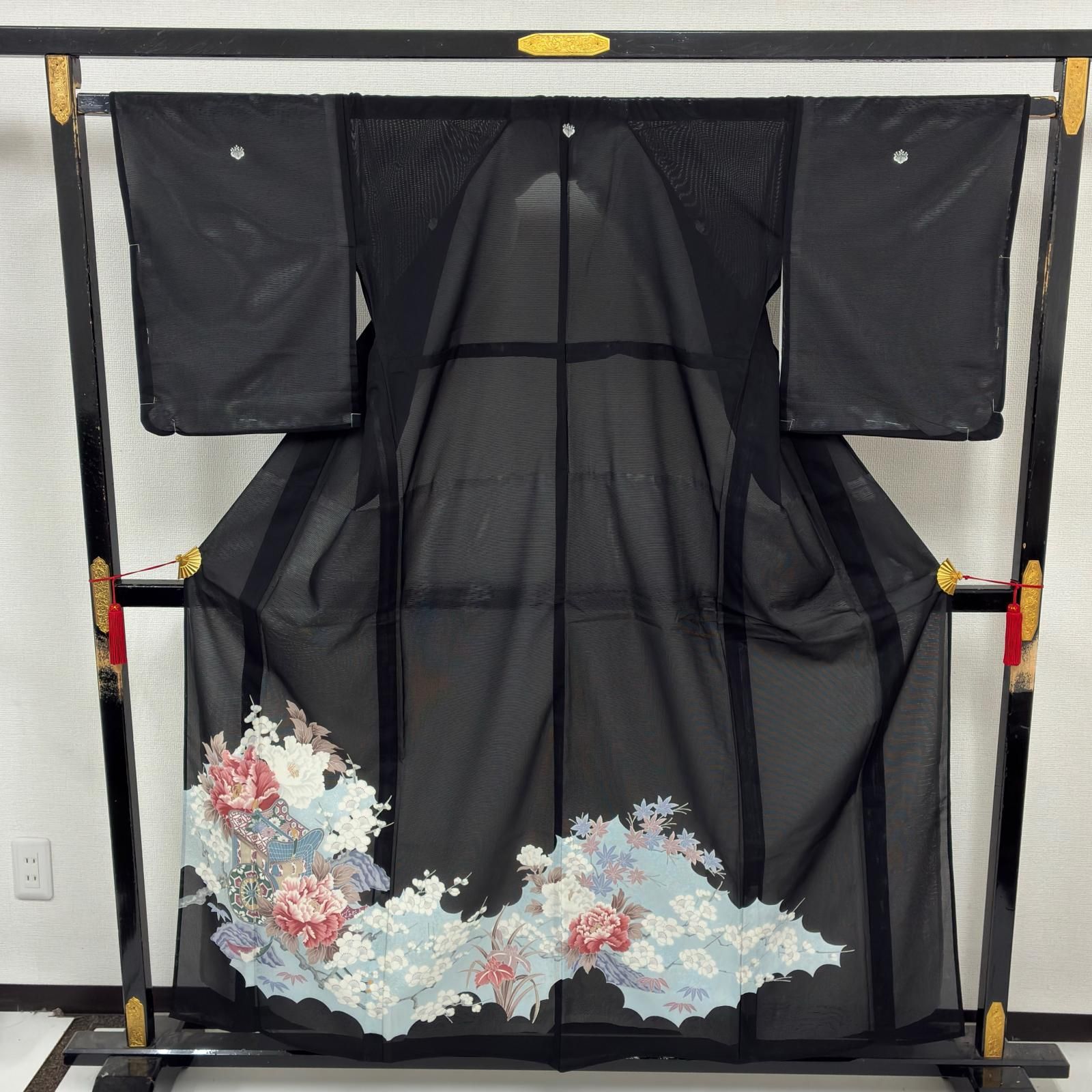 夏着物 洗える着物 絽 黒留袖 上品な染め 五つ紋 化繊 着物 a-318
