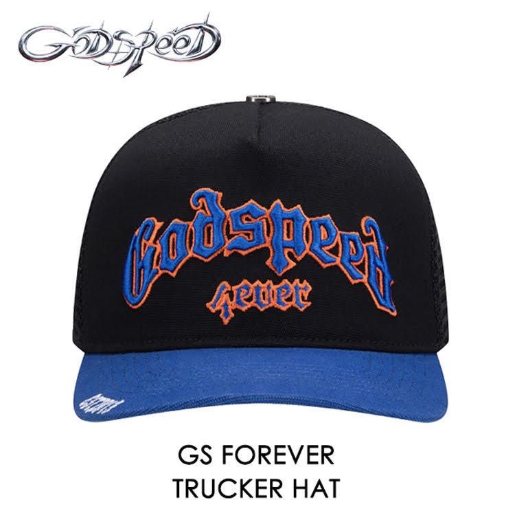 【 本国現地価格 】【3点ピン付き】GODSPEED GS FOREVER TRUCKER HAT 【ブラック ブルー オレンジ】【メッシュキャップ】【トラッカーキャップ】
