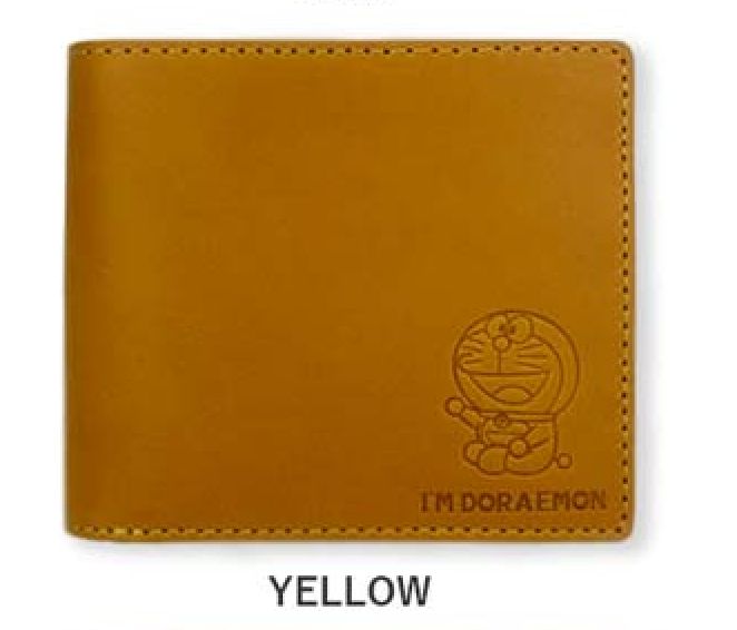 イエロー 栃木レザー×姫路レザー ドラえもん 2つ折り財布 フラップポケット小銭入れ 箱付き