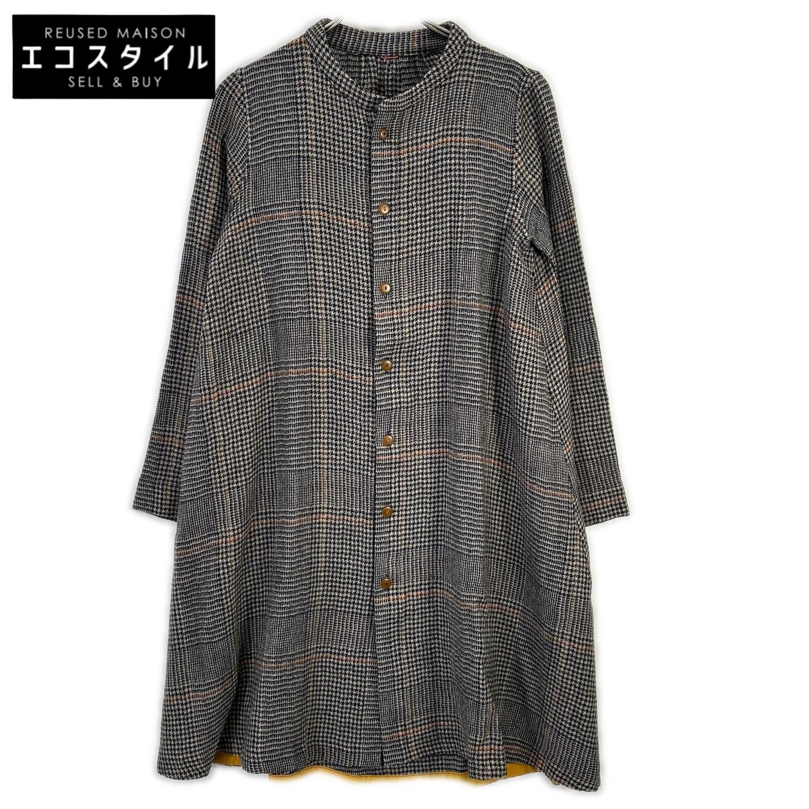 Pallas Palace　パラスパレス　グレー系 ハウンドトゥース×チェック柄 ノーカラー ロングスリーブ シャツワンピース　3