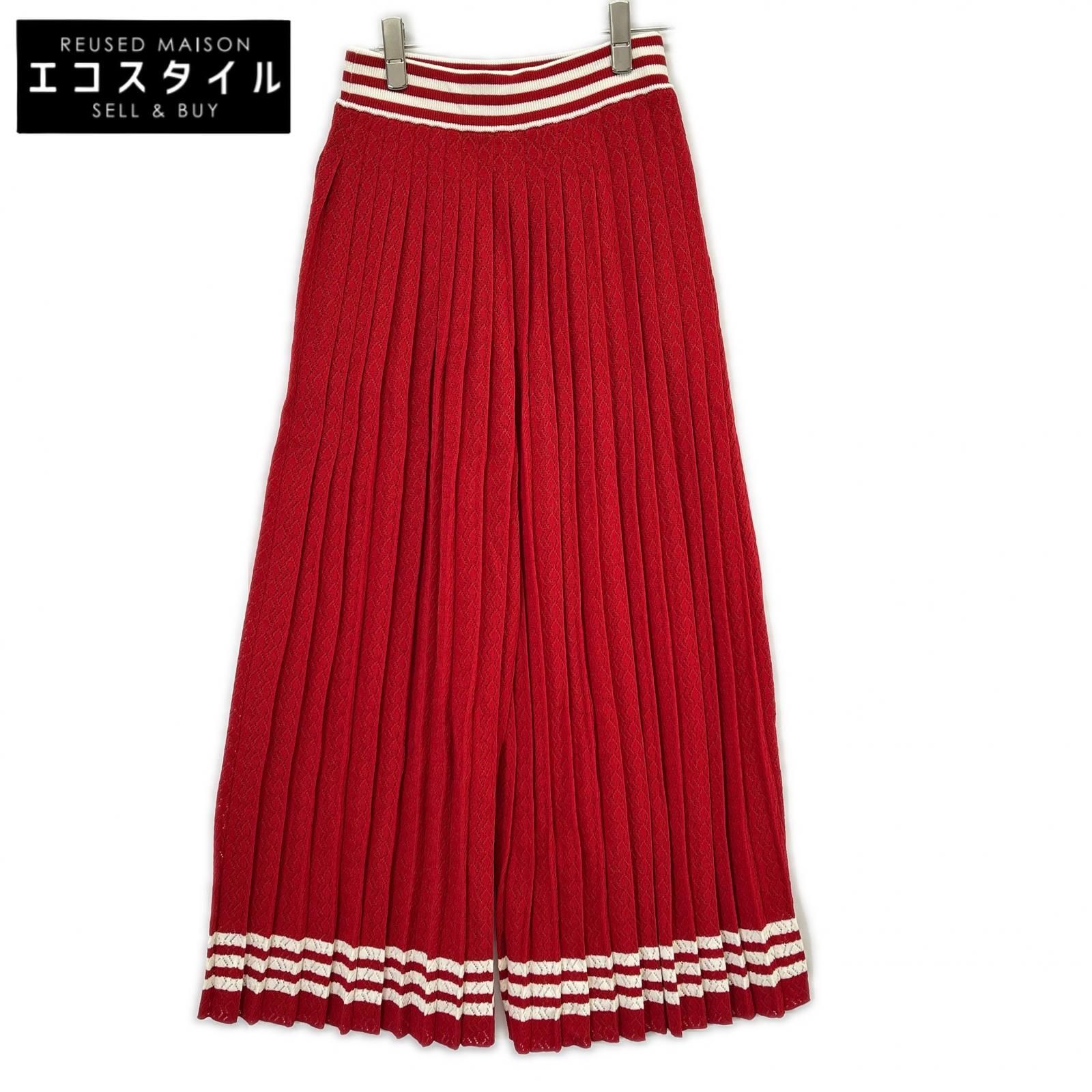 GUCCI　グッチ　×アディダス 705767 XKCF8 レッド×ホワイト シルク混 3ストライプ レースプリーツニットワイドパンツ　S