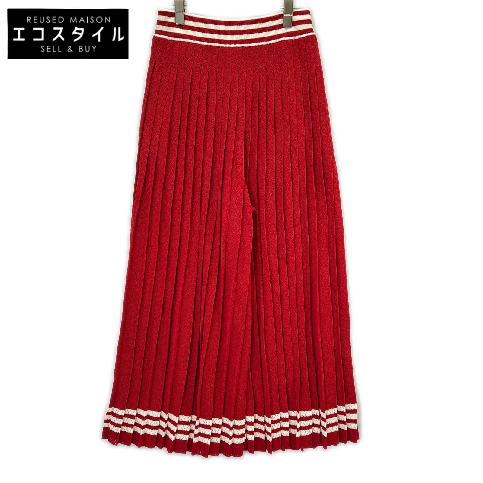 GUCCI グッチ ×アディダス 705767 XKCF8 レッド×ホワイト シルク混 3ストライプ レースプリーツニットワイドパンツ M