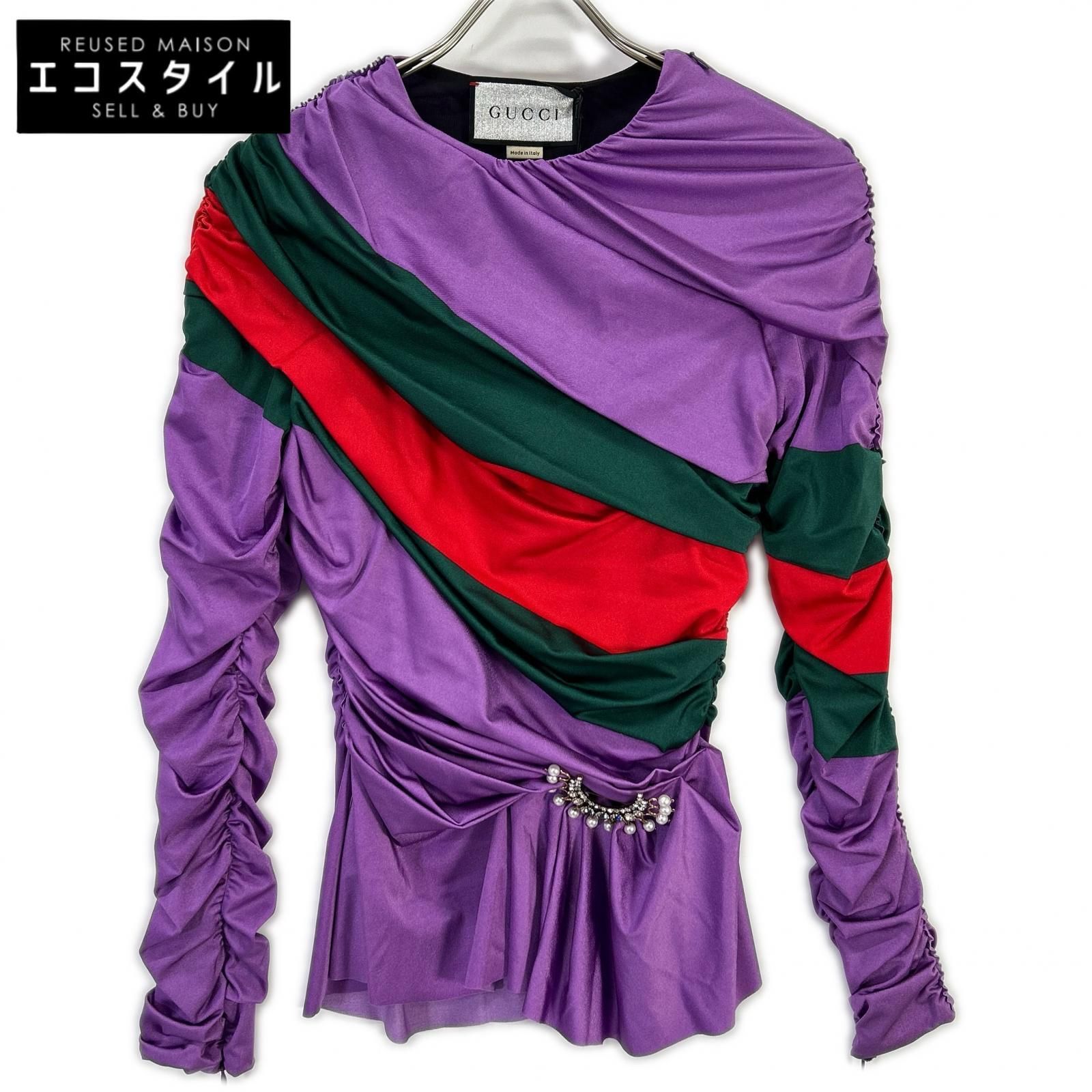 GUCCI　グッチ　×BALENCIAGA 【The Hacker Project】677041 ZAH7C パープル ナイロン パール×ラインストーンブローチ ギャザーストレッチブラウス　42