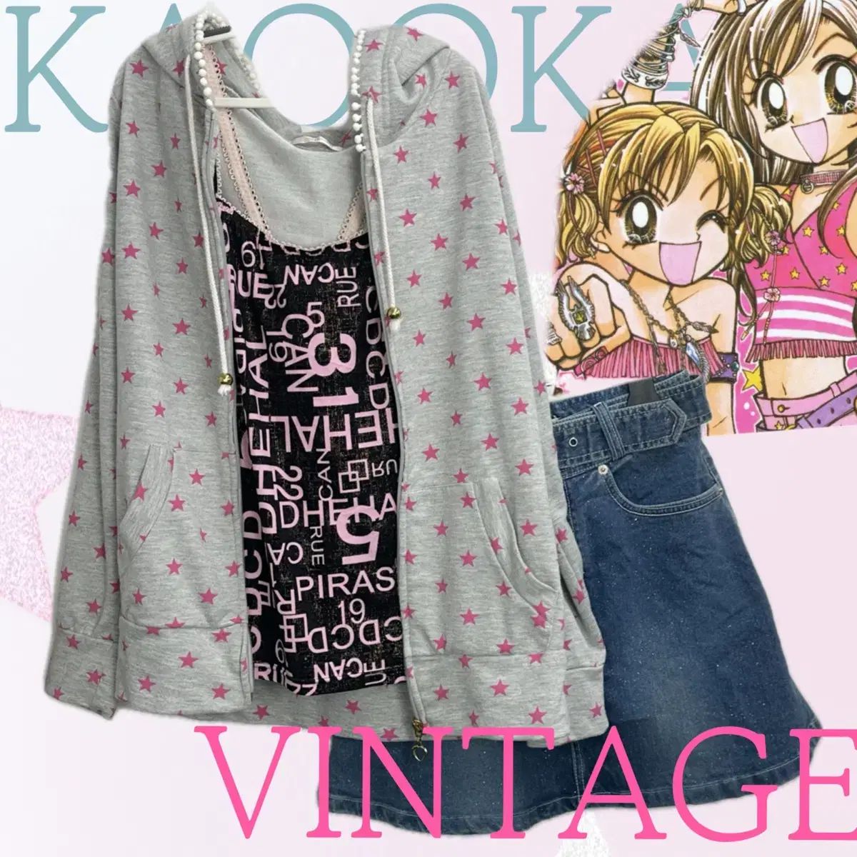 日本 ヴィンテージ 星 Kitsch ポップ ギャル Y2K ラブリー パラパラ デニムスカート フード コーディネートセット