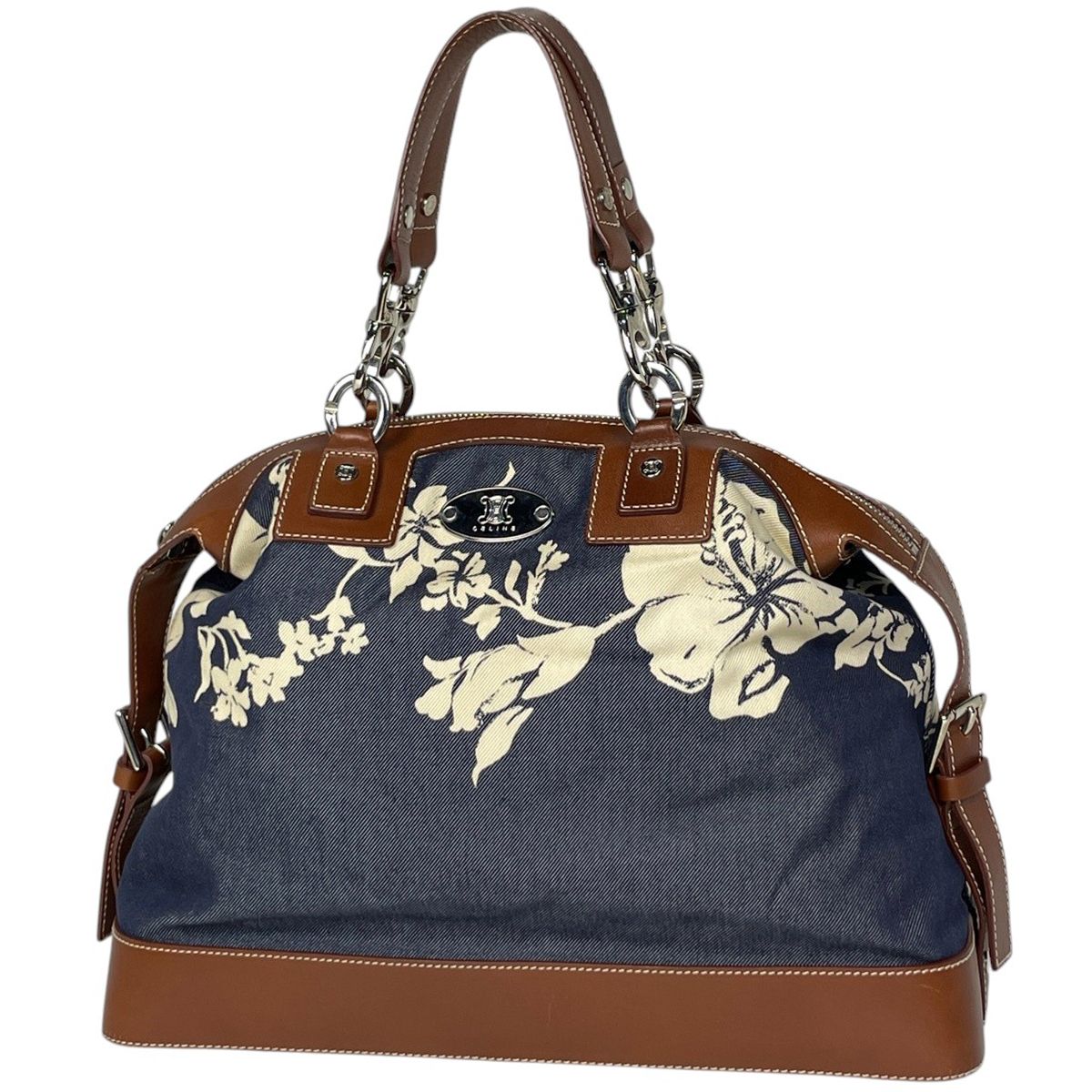 セリーヌ CELINE ブラゾン ハンドバッグ ハイビスカス デニム ネイビー ブラウン レディース 【中古】