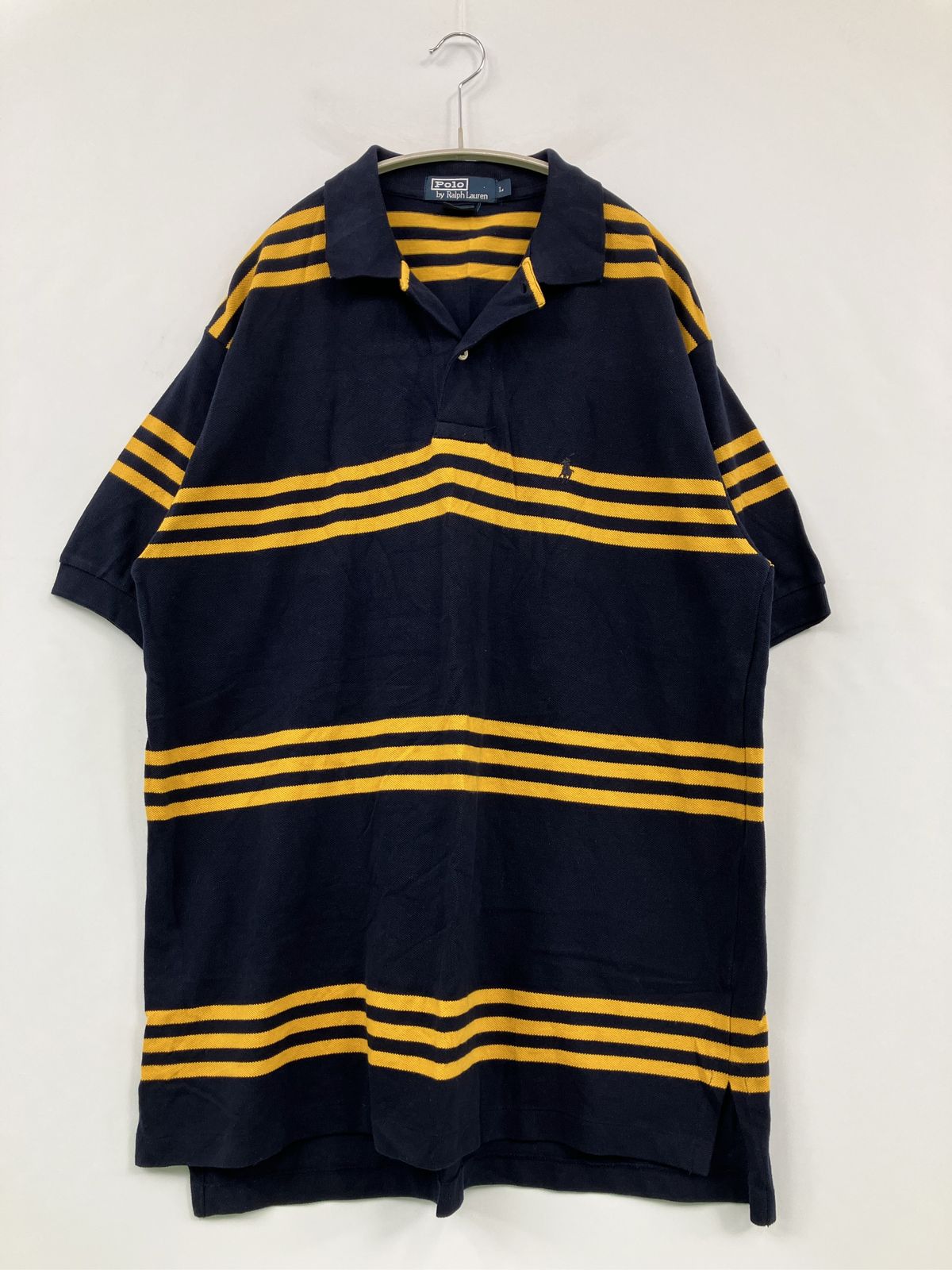 Polo Ralph Lauren ポロラルフローレン ポロシャツ L ネイビー ボーダー柄 半袖 刺繍 ワンポイント ブランドロゴ メンズ