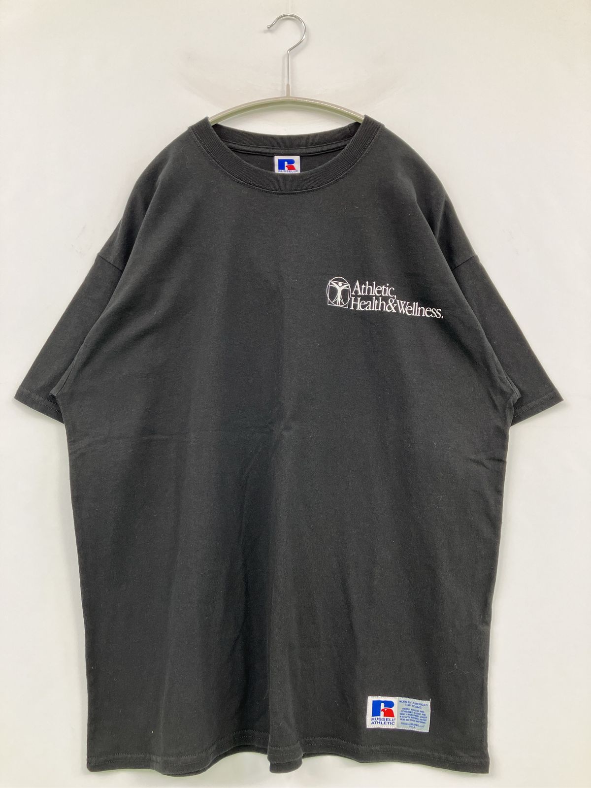 RUSSELL ATHLETIC ラッセルアスレティック Tシャツ/カットソー XL ブラック 前面プリント バックプリント ワンポイント ブランドロゴ 半袖 ミドル丈 クルーネック(丸首) メンズ レディース