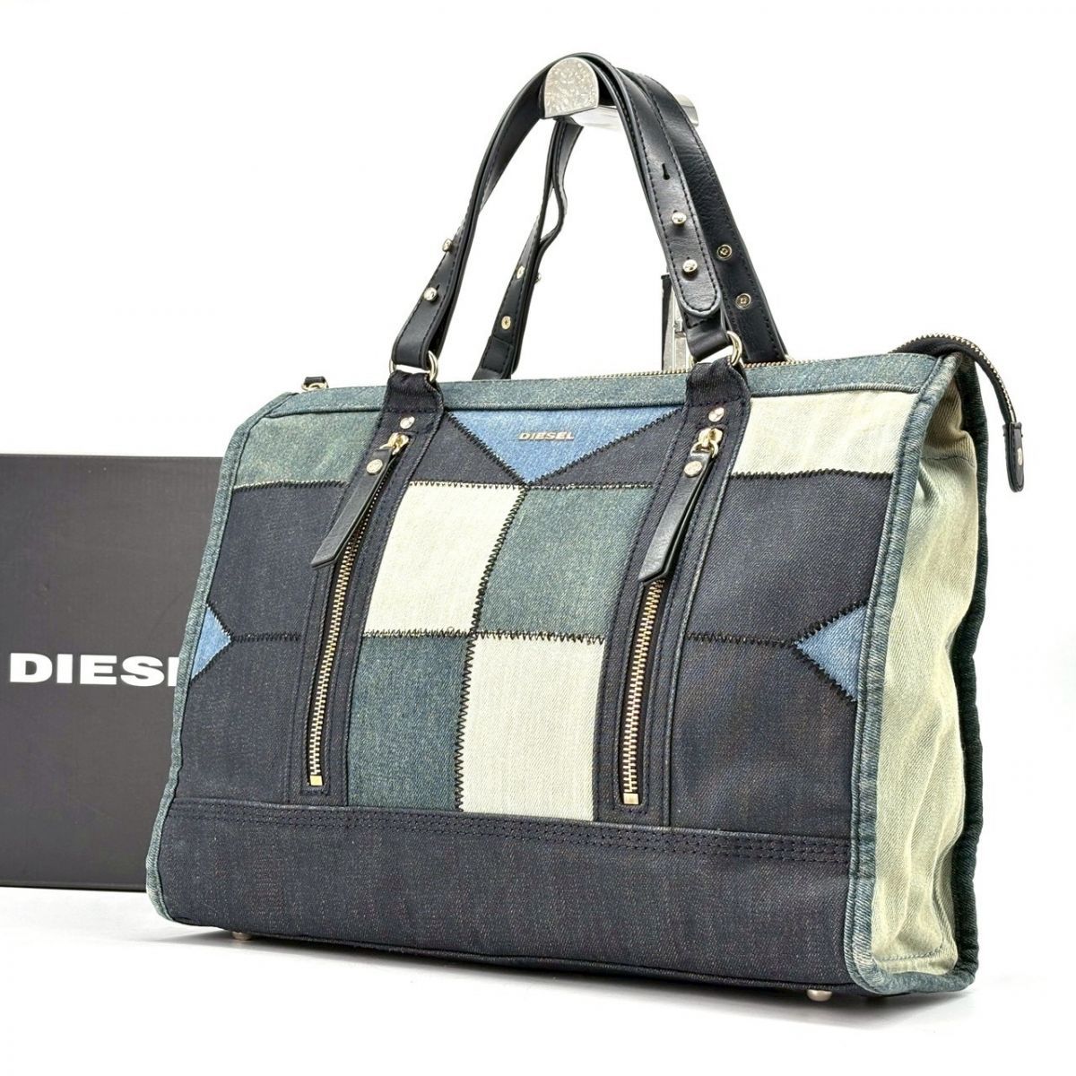 【個性は継ぎ目に宿る】　DIESEL　トートバッグ デニム パッチワーク A4収納可 レザー　インディゴブルー