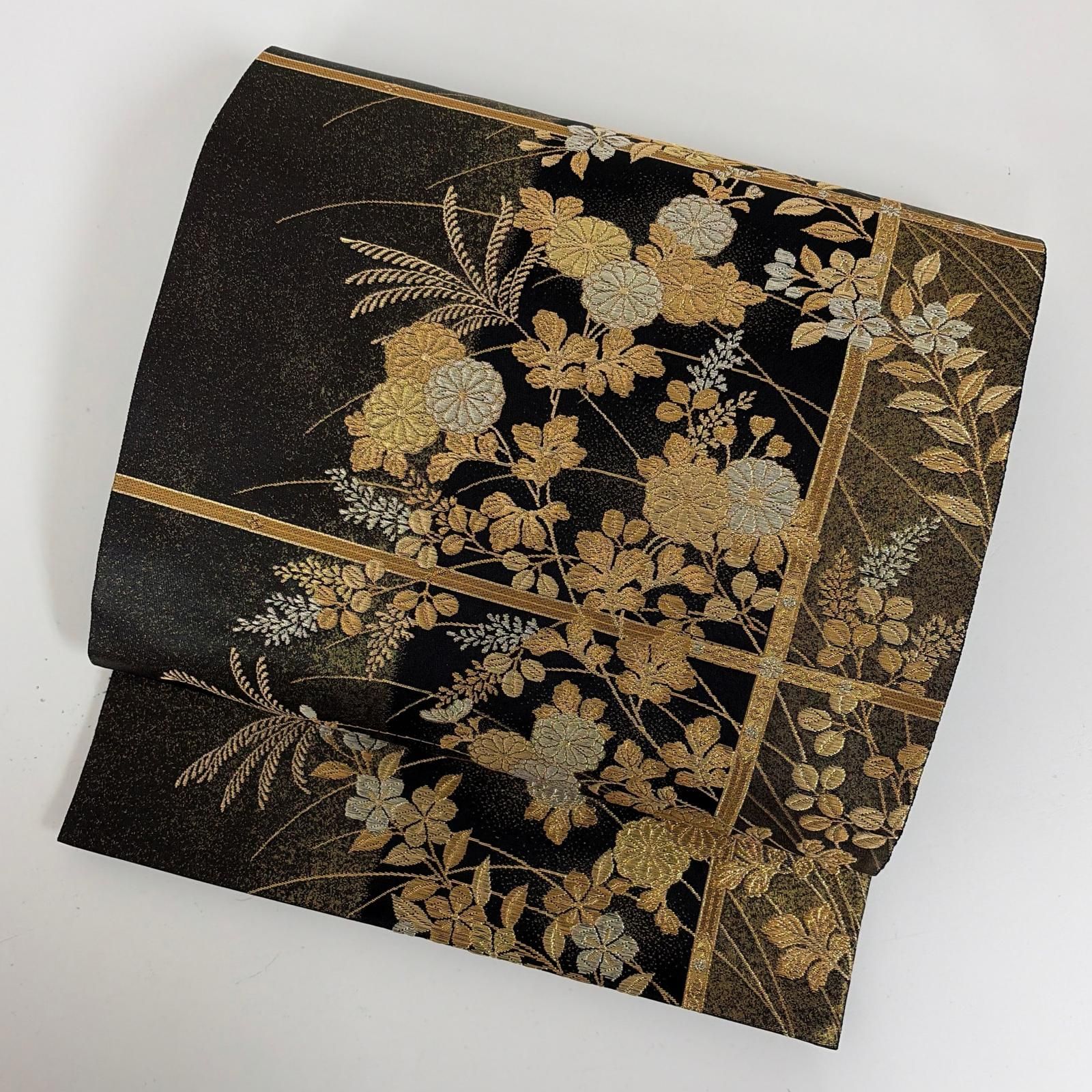 袋帯 正絹 西陣織物 じゅらく 金糸 引き箔 上品な花草 六通 MA-9036