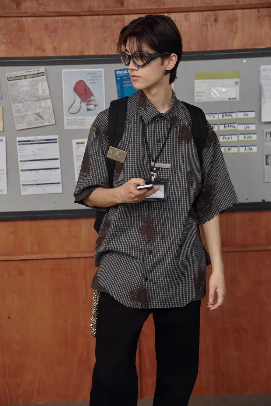 stu Destroyed Painting Check Shirt Black