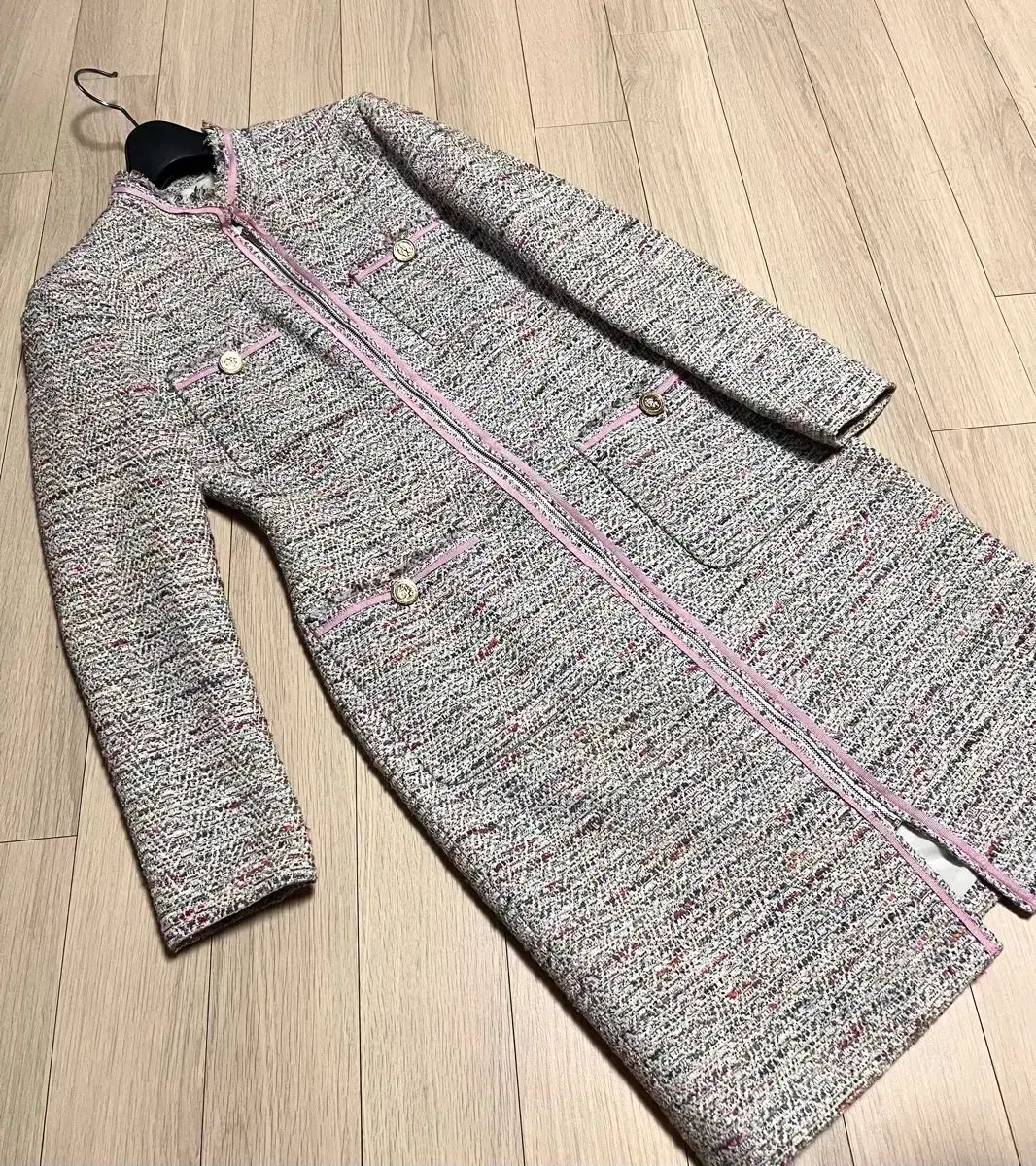 MOJO.S.PHINE モジョエスピン 73 9万円 フルジップアップ ツイード ONE PIECE ジャケット ロング丈 ピンク ゲストルック スーツ ゴールド ボタン