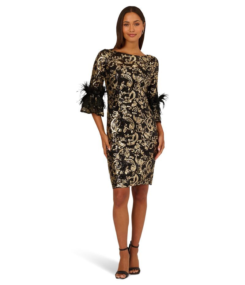 アドリアナ パペル レディース トップス ワンピース ミディワンピース ミディ スパンコール Adrianna Papell Sequin Emb Midi Dress BlackGold ブラック