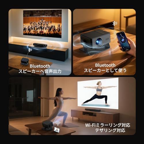 プロジェクター家庭用 小型 天井 静音【Netflix・Prime Video・YouTubeアプリ搭載】600ANSI 4K対応 自動台形補正 0.5M近距離投影 Wi-Fi6/Bluetooth5.4スタンド一体型 軽量 ミニ スマホ/パ 7eae0e2c
