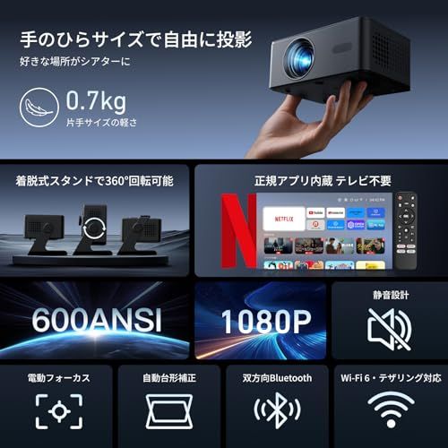 プロジェクター家庭用 小型 天井 静音【Netflix・Prime Video・YouTubeアプリ搭載】600ANSI 4K対応 自動台形補正 0.5M近距離投影 Wi-Fi6/Bluetooth5.4スタンド一体型 軽量 ミニ スマホ/パ 7eae0e2c