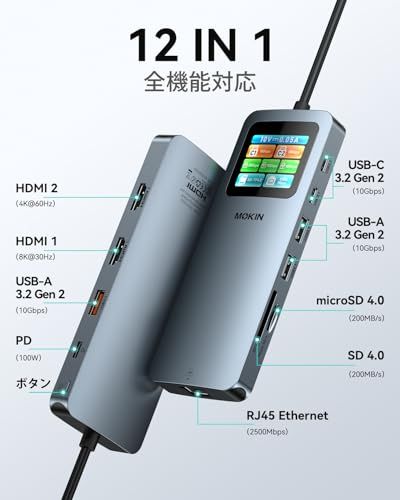 MOKiN LCD USB-C ドッキングステーション デュアルモニター対応 12-in-1 ラップトップドック、デュアル HDMI 搭載 8K@30Hz、PD 100W 給電、2500Mbps 有線 LAN、10Gbps 高速 USB A/ e83a14b7