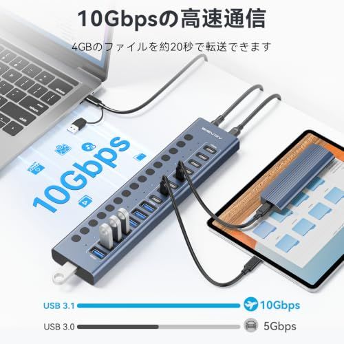 ACASIS セルフパワー対応 USB 3.2ハブ 16ポート（USB-A 3.2 × 8ポート ＋ USB-C 3.2 × 8ポート）? 96W電源アダプター付属・アルミ製 ? PC/ノートPC、USBメモリ、プリンター、カメラ対応送料無料 753ad69b