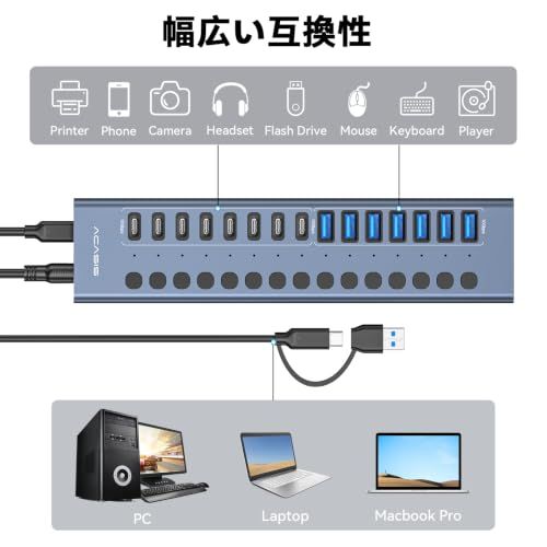 ACASIS セルフパワー対応 USB 3.2ハブ 16ポート（USB-A 3.2 × 8ポート ＋ USB-C 3.2 × 8ポート）? 96W電源アダプター付属・アルミ製 ? PC/ノートPC、USBメモリ、プリンター、カメラ対応送料無料 753ad69b